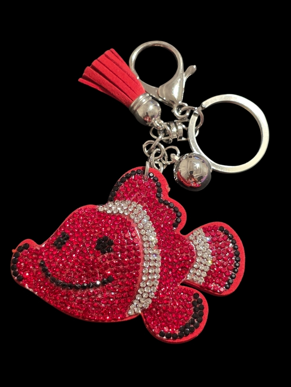 Sparkling Fish Bag Charm Keychain with Red and Silver Accents